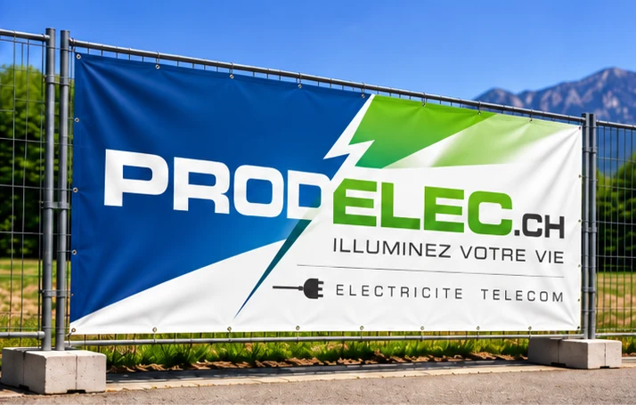 Bâche grand format avec logo vectorisé accrochée à une barrière de chantier (exemple)